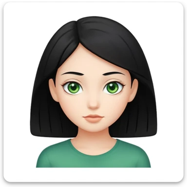 girl with black hair and green eyes, iOS app icon style, soft gradients, rounded corners, white background sticker