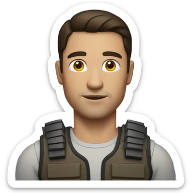 brunette man with bulletproof vest sticker
