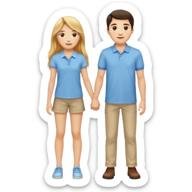 full-length happy couple, girl with long golden hair and hazel eyes in summer outfit, boy with dark hair in light blue polo sticker