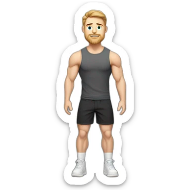 Full height Pale skinned muscular man With Realistic eyes and mouth, light brown hair and stubble In dark gray sleeveless mike, black oversize sports shorts, watch and white sneakers. sticker