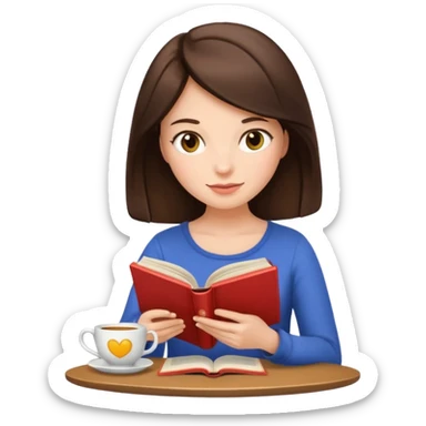 Jane Austen inspired brunette character reading a book with a teacup nearby, emoji style sticker