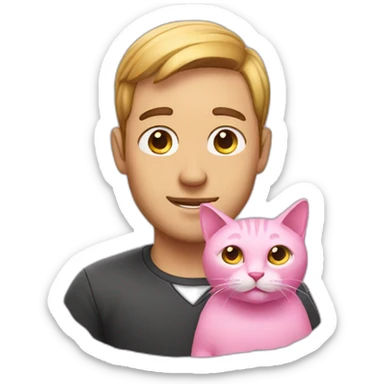 man with a pink cat sticker