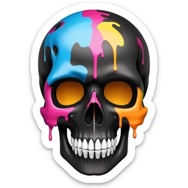 sleek black skull with colorful graffiti paint and brand logos contained within the skull shape, no drips extending beyond the skull outline, front view sticker