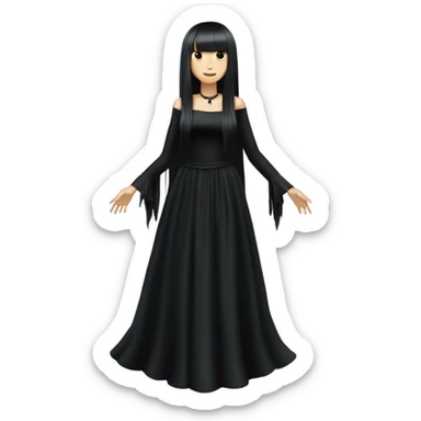  one single goth women full body, wearing long big bell arms, black dress, long hair with bangs, white skin, dark hair,  sticker
