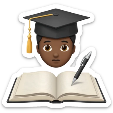 "A white open book,The pen should be positioned as placed exactly in the center between the pages.  if held by a right-handed person - meaning the direction is reversed compared to a left-handed grip. The pen should be uncapped, and the cap placed behind it." sticker