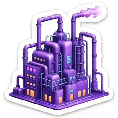 AI-powered factory. It should be a building with pipes. Add violet glowing symbolizing power of AI sticker