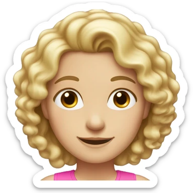 a white woman with blond curly long hair, brown eyes and smiling with a pink top sticker