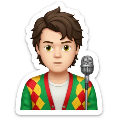 harry styles with a mic, he is wearing a patchwork colorful (red, yellow,green) cardigan and a white t-shirt under sticker
