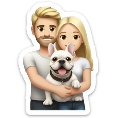 A dark-haired girl and a blonde guy hug a white French bulldog sticker