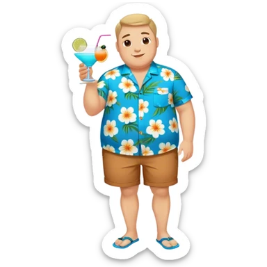 chubby guy full figure in a flowered azure havai shirt, brown shorts and flippers holding a cocktail sticker