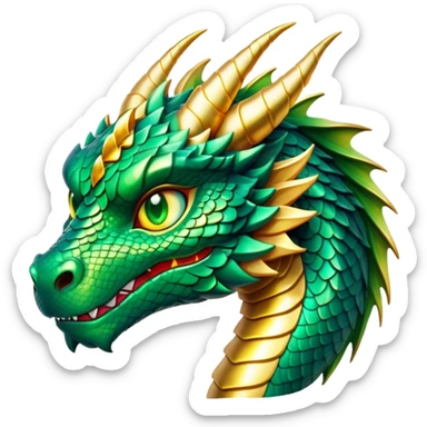 Cinematic Noble Dragon Portrait Emoji, Poised and majestic, with a sinuous, elongated body covered in intricately detailed, shimmering scales in hues of emerald and gold, and piercing, fiery eyes that reflect ancient wisdom; rendered with lifelike texture and natural highlights, high shine, intelligent and formidable, styled with an aura of mythic power, focused and attentive, soft glowing outline, capturing the essence of a legendary dragon that appears ready to soar out of the screen with timeless authority! sticker