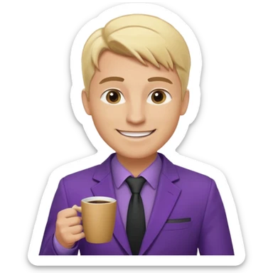 Confident and outgoing male entrepreneur, Caucasian features, blonde hair, big friendly smile, expressive eyes, defined eyebrows, wearing a purple blazer over a black shirt, holding a smartphone in one hand and a coffee cup in the other, waist-up, front-facing sticker