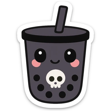 kawaii style gothic boba tea, adorable face, black cup with skull motif, pastel purple background, blushing cheeks, cute and mysterious sticker