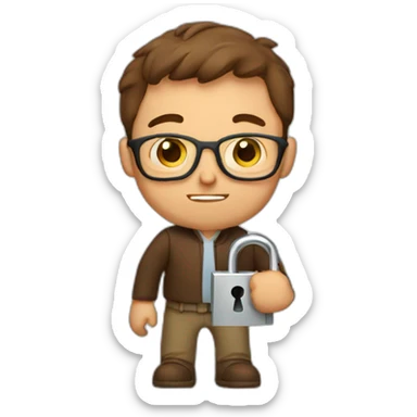 brown-short-haired man with glasses, struggling to fit a key into a lock door sticker