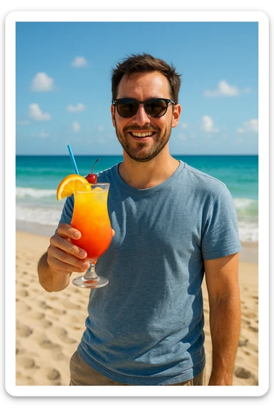 take this picture of a man and make it  beach photo with drink sticker
