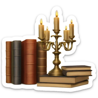 Vintage candelabra with stack of old books behind sticker