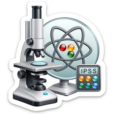 An icon featuring two-ocular electron microscope, a metal alloy, atomic structure symbols, a crystal structure. The design includes different materials like metals, ceramics and polymers, alongside a stamp representing testing and quality control. Transparent background sticker