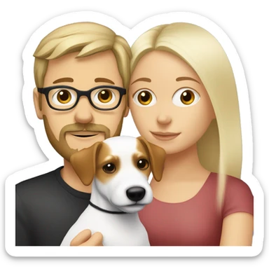 White blonde girl and a white men with brown hair, glasses, a little Beard and moustache, both cuddling a jack Russell sticker