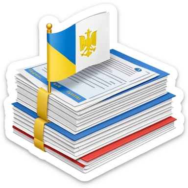 stack of official documents with Ukrainian flag sticker