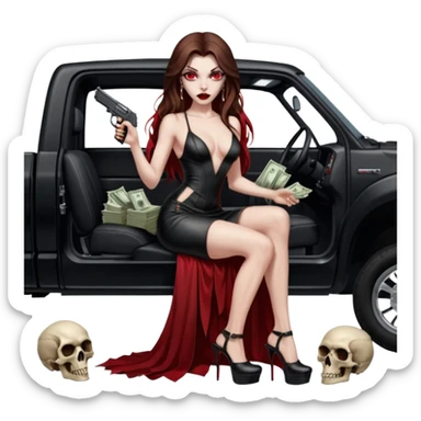 Lilith red eye seductress evil long brown haired sexy succubus woman with leather long dress with slit on, sitting in Big Large F350 pickup truck. Wearing super tall black platform high heels, Back seat full of stacks of cash, she is  Holding a human skull of her enemies and a gun in other hand sticker