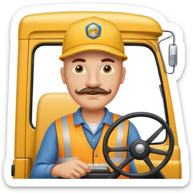 bald truck driver with mustache and baseball cap driving yellow semi sleeper truck sticker
