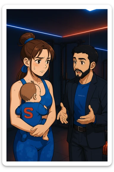 ispirati a questo stile di disegno e fai questa immagine in versione manga/webtoon a colori, il manga mostra la donna preoccupata con un neonato in braccio con una tutina azzurra e la scritta "S" sulla schiena, mentre ascolta l'uomo mentre l'uomo gli sta spiegando una cosa, ma non fare i fumetti, fai come se stessero parlando sticker