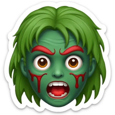 emoji de zumbi estilo WhatsApp, cabeça verde, cabelo cacheado vermelho volumoso, olhos brancos brilhando, expressão divertida e assustadora, cartoon, linhas limpas, fundo transparente, qualidade alta sticker