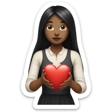 Pale girl with long black hair holding heart in her hands  sticker