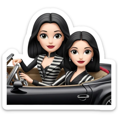 Darth Vader Barbie, 1910 teen Morticia Addams from academy, in dark-gray and black striped outfit. Smiling Driving Mercedes 450 convertible sports car. Pale-white porcelain skin.  sticker