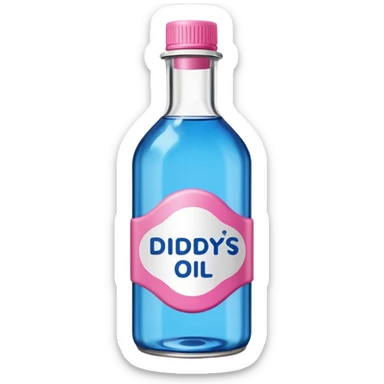 bottle of oil blue top pink outside with logo that says Diddys Oil sticker