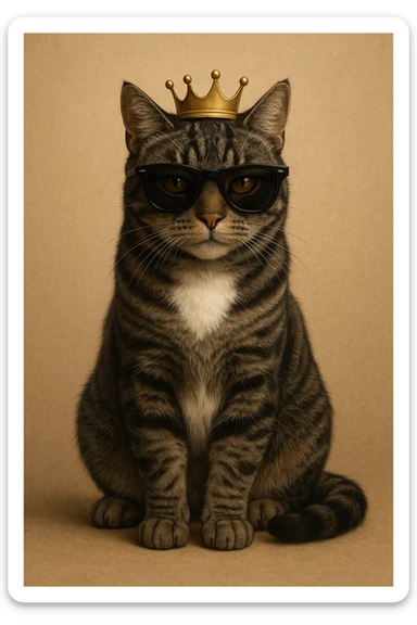 photo-realistic digital illustration of a Mackerel tabby cat with dark grey fur, narrow black stripes, amber eyes, and a distinct white patch on its chest. The cat is sitting naturally and calmly, facing slightly forward. A small golden crown rests on its head, and it is wearing black sunglasses. The cat appears lifelike, highly detailed, and realistic. sticker
