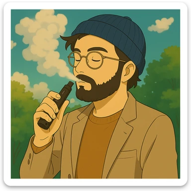 Make the guy vaping look more hipster by adding features like a beard, glasses, and trendy clothes in Ghibli style. Keep the background as is. sticker