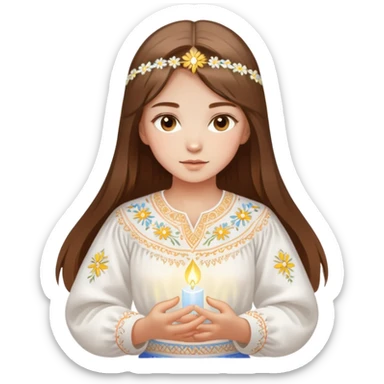 Ukrainian young girl with brown hair wearing a traditional white embroidered vyshyvanka shirt, holding a glowing ethereal light representing her soul sticker