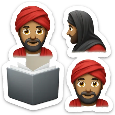 A caliph with turban and red clothes and a laptop sticker