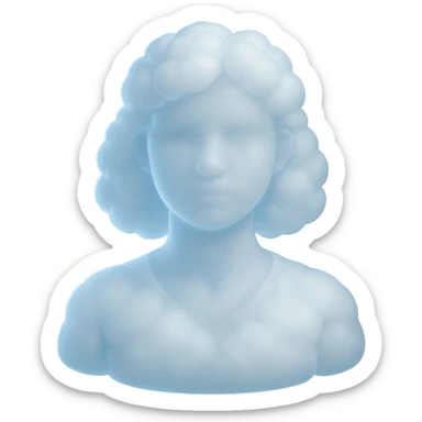 person looking straight, composed entirely of white fluffy convex clouds, shoulder length, matte glass style, no background, clouds with light blue glow sticker