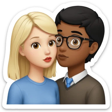 pretty blonde girl barbie kissing nerd with black hair and brown skin on the cheek sticker