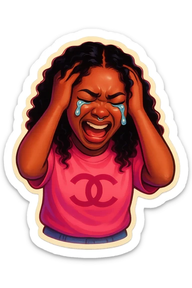  laughing with Tears rolling down face 
Mouth Pout
hands on head 
pink chanel shirt 
head down
 sticker