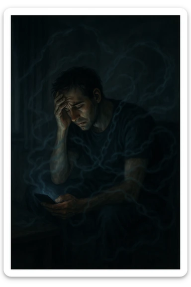 a man sits alone in a dimly lit room at night, illuminated only by the glow of a computer or phone screen. His posture is slouched, and his expression is tired and troubled. Around him, faint, ghostly chains or shadows subtly wrap around his body, symbolizing addiction and emotional distress. The background is blurred, emphasizing isolation and discomfort. in italiano sticker