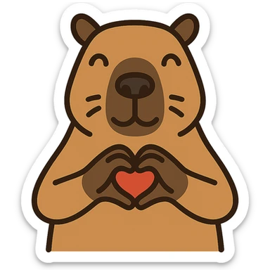 flat toon style capybara making a heart with his hands sticker