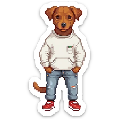Brown dog standing upright with hands in jean pockets, wearing a white sweater and red shoes sticker