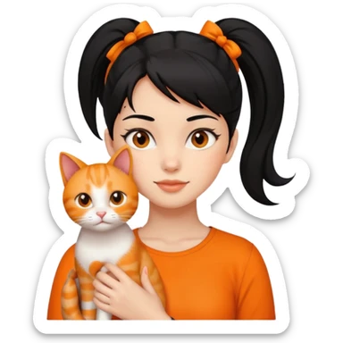 A black haired girl with a high ponytail holding an orange cat sticker