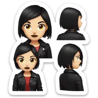girl, short black hair, with cat ears, red eyes, black collar on neck, wearing leather black jacket, angry sticker