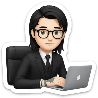 a young man with long black hair, with formal cloth, wearing glasses sitting with a laptop, tattoo inyout arms sticker