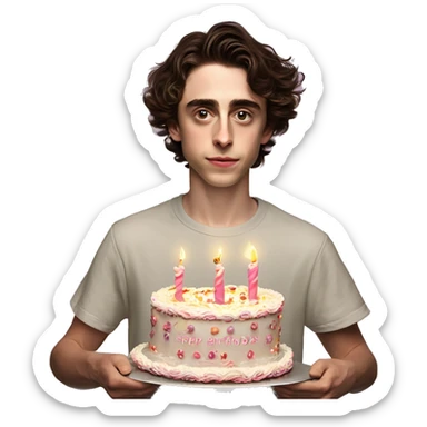 timothe chalamet carrying an extravagant birthday cake with candles spell out “Zoe 22nd birthday” sticker