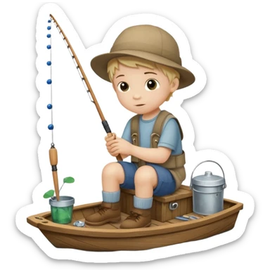 Little boy on the dock fishing, felt texture, scrapbooking, precious moments style character sticker