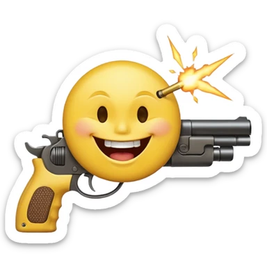 Yellow laughing face pointing gun at its own mount. The barrel of the gun is pointed towards the smile into the mouth. The back of the gun faces the viewer sticker