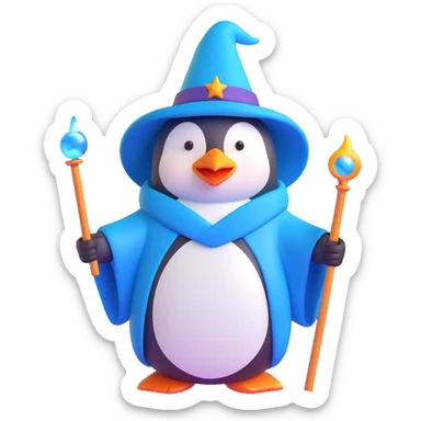 3D cartoon penguin wizard with magical aura, staff, blue robe sticker