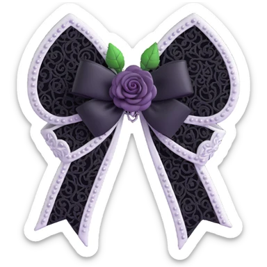 3D emoji gothic bow, white velvet, silver filigree, black lace trim, black rose center, dark pearl accents sticker
