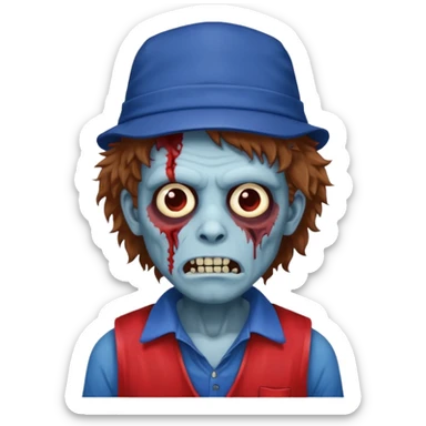 brown fluffy hair zombie with blue and white hat dark blue jilet red t shirt sticker
