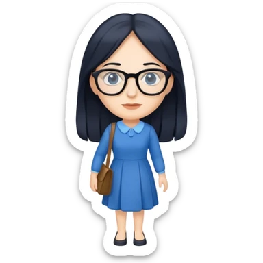 pale female teacher with long black hair, wearing glasses and blue dress walking sticker